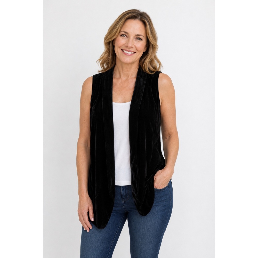 J. Jill‎ Velvet Vest Womens XL Black Silk Blend Open Front Draped Asymmetrical